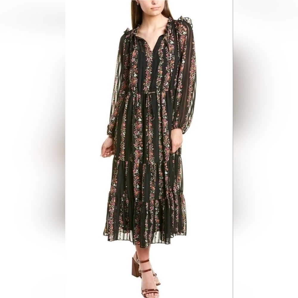 JULIA JORDAN Floral Stripe Print Ruffle-Trim Pleated Tie Waist Dress Sz2 ELIZA J